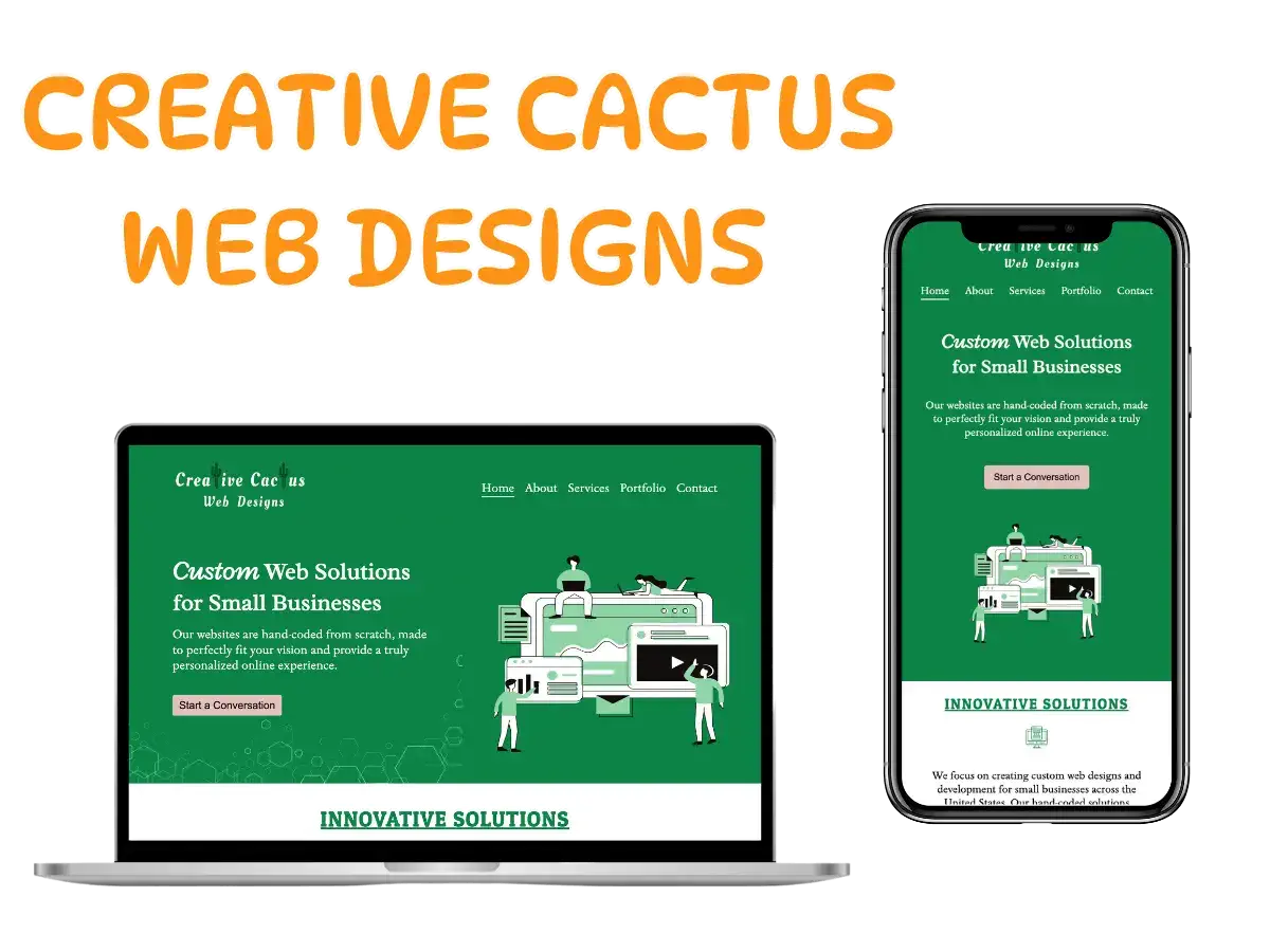 Preview of the Creative Cactus Web Designs landing page displayed on a laptop and mobile device
