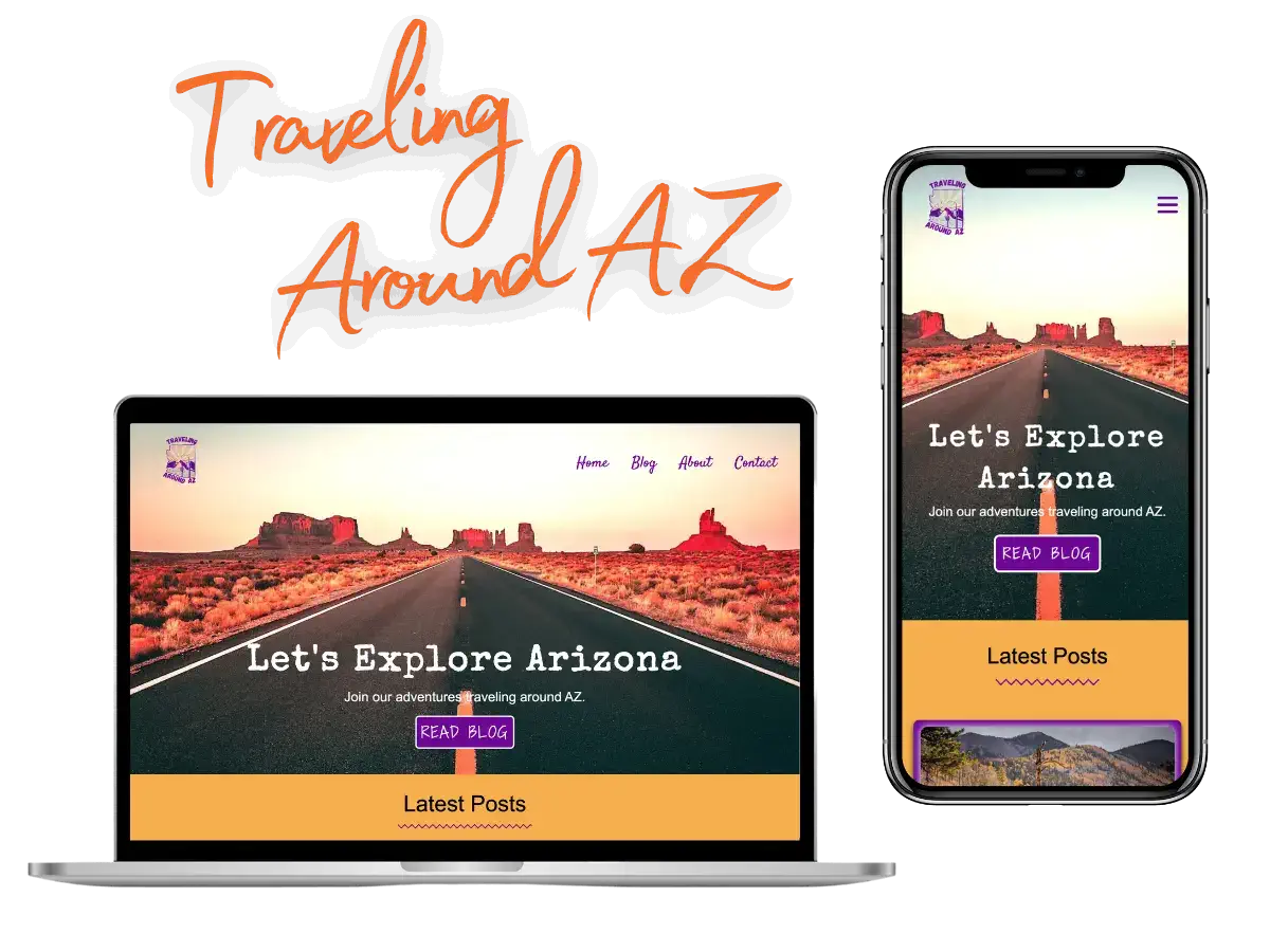 Preview of the Traveling Around AZ landing page displayed on a laptop and mobile device
